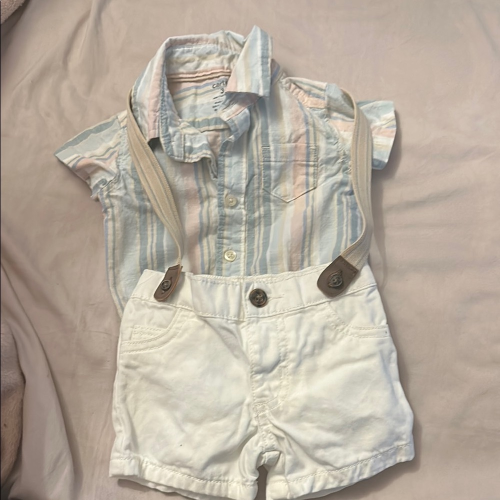 5 for $10 ❤️ Striped Pastel Shirt with White Shorts and Suspenders